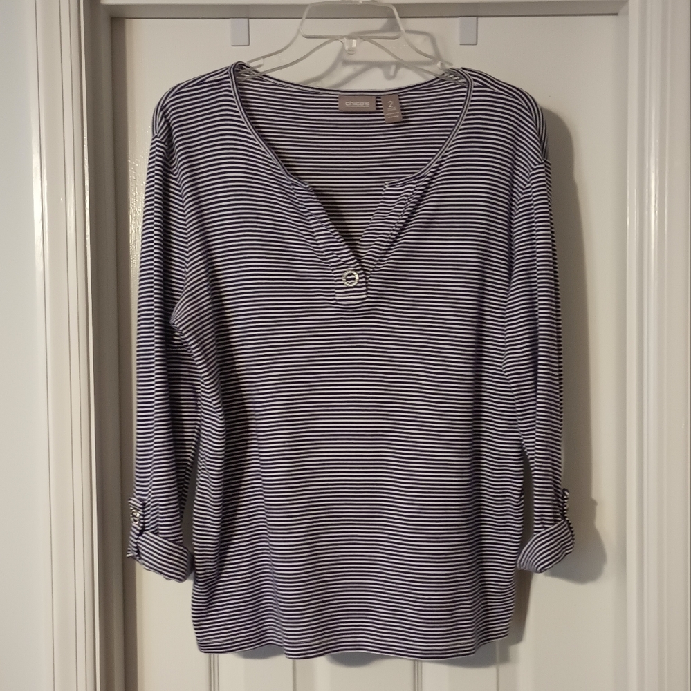 Chico's cotton blue and white striped top 3/4 sleeve Size 2 (L)